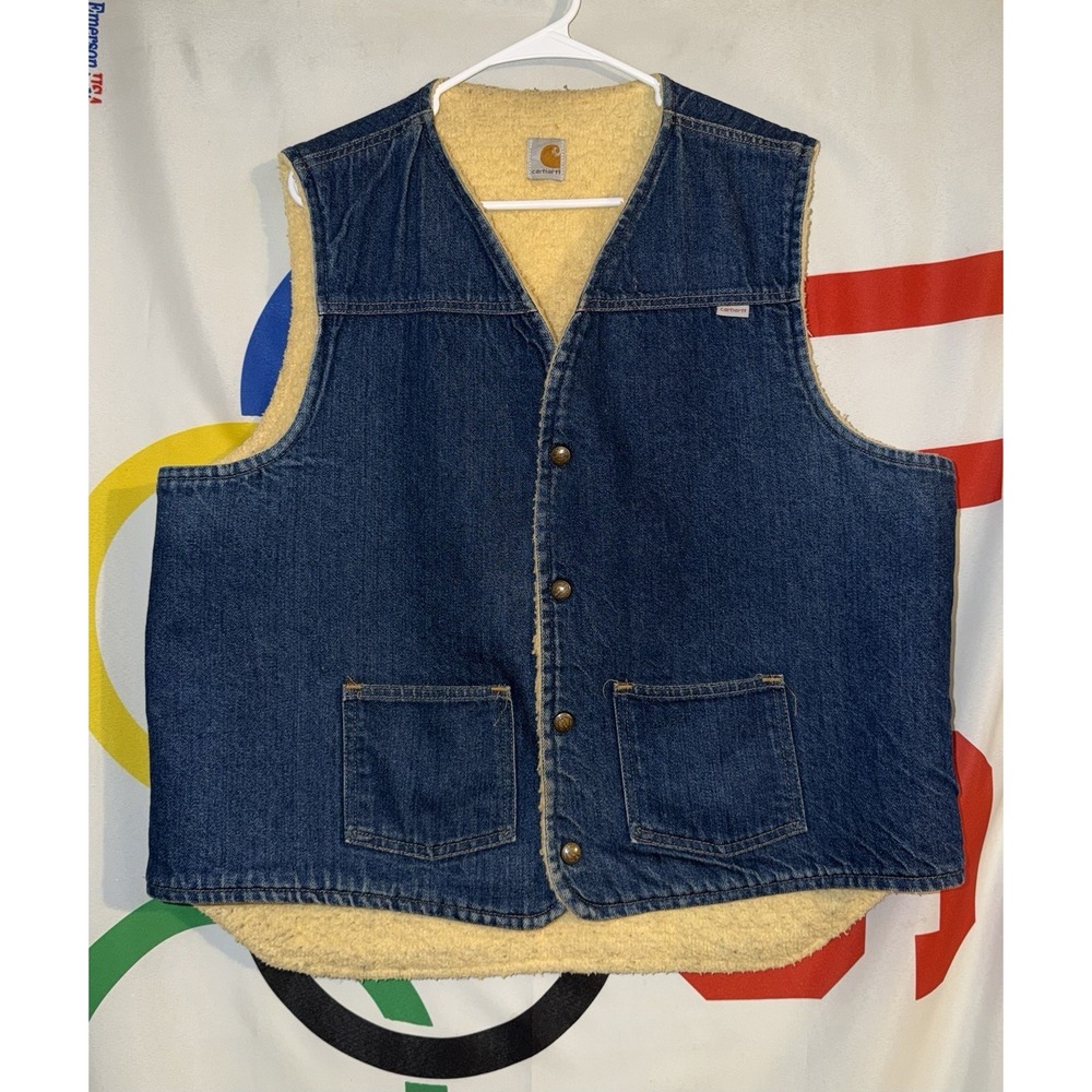Vintage Carhartt Sherpa Lined Denim Vest XLT Snap Workwear 80s 90s